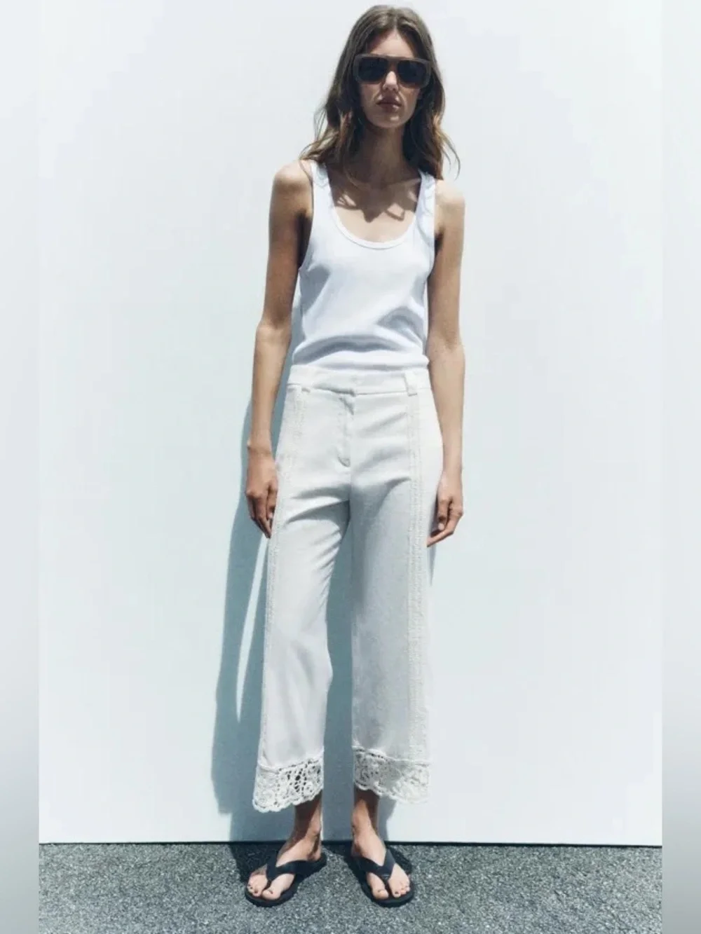 NWT Zara Linen Blend Crochet Wide Leg Cropped Pants Bloggers Fave in Ecru Sz M
